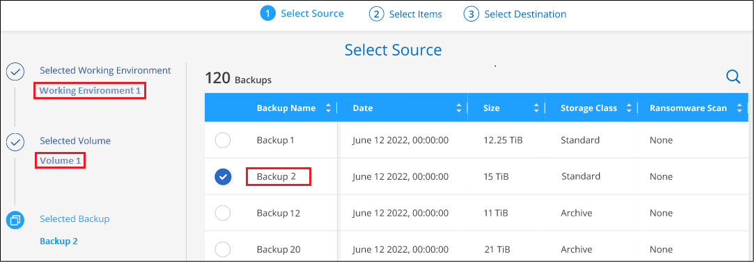 A screenshot of selecting the volume and backup for the items you want to restore.
