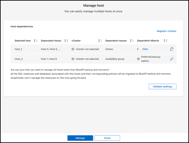 Manage hosts page