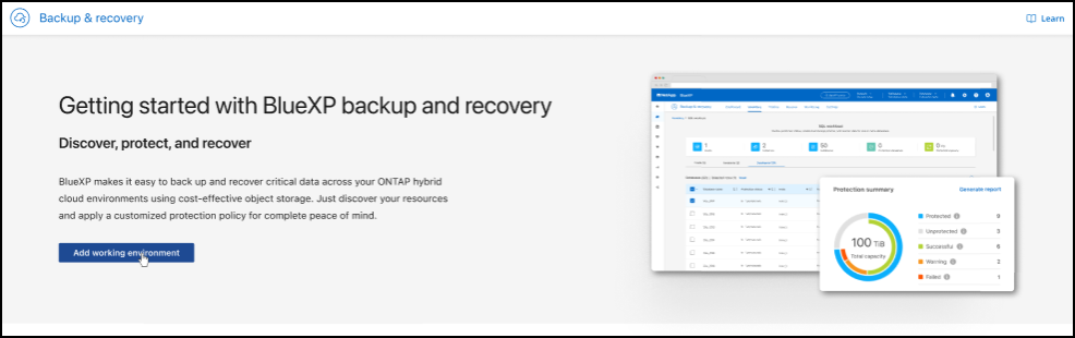 Landing page screenshot for BlueXP blueXP backup and recovery without a working environment
