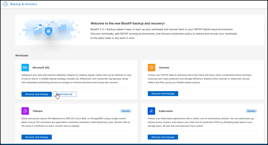 Landing page screenshot for BlueXP blueXP backup and recovery without a free trial