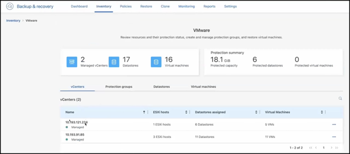 Inventory page showing the managed vCenter resources