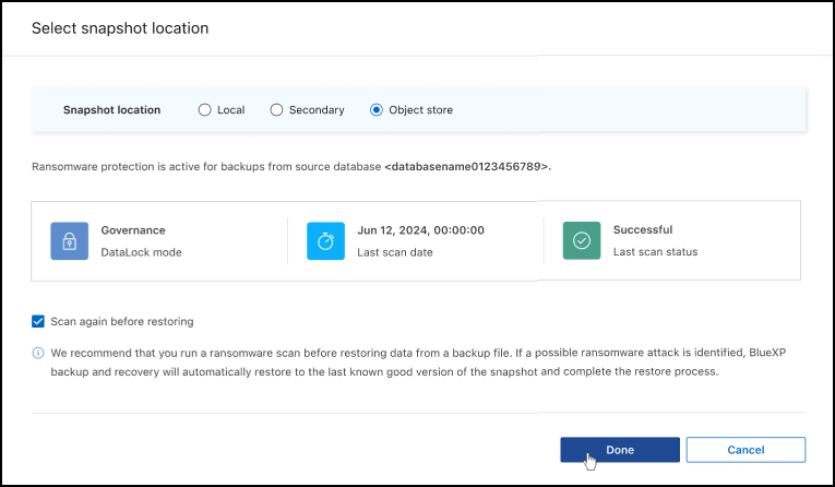 A screenshot showing the Restore options page for object storage.