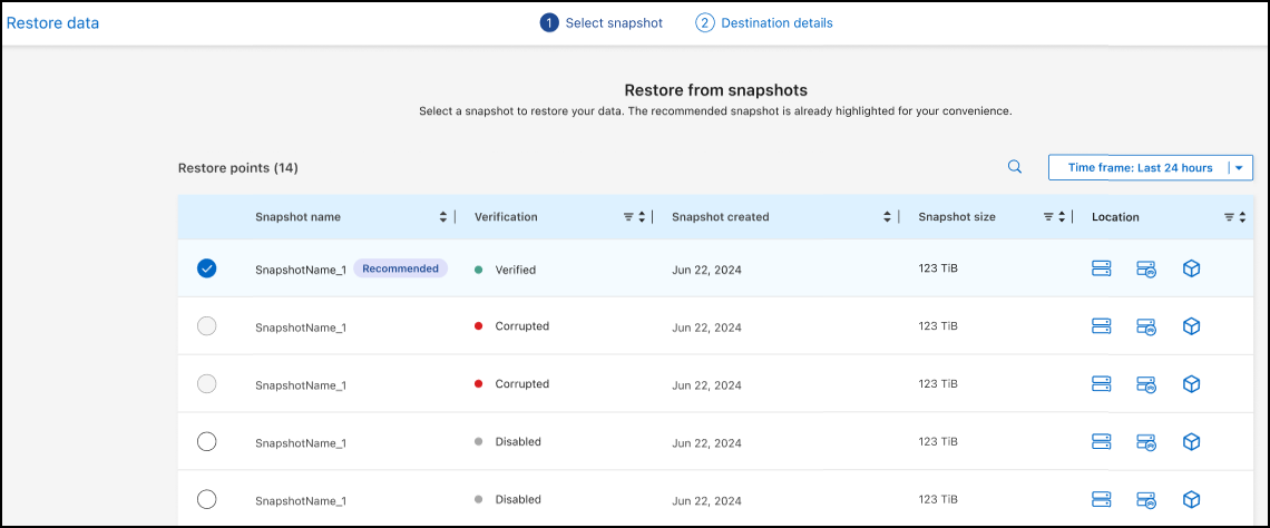 A screenshot showing the list of snapshots to restore.