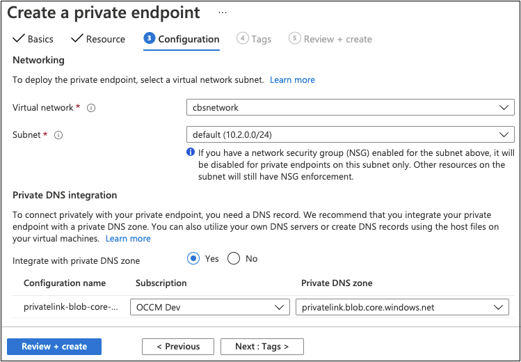 A screenshot showing the details of the private endpoint Configuration page.