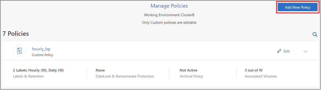 A screenshot that shows the Add New Policy button from the Manage Policies page.