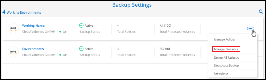 A screenshot that shows the Manage Volumes button from the Backup Settings page.