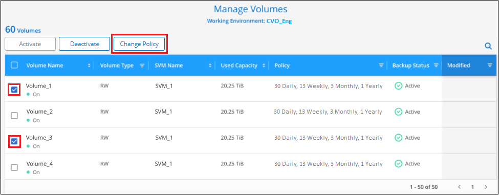 The Manage Volumes page where you can select or deselect volumes.