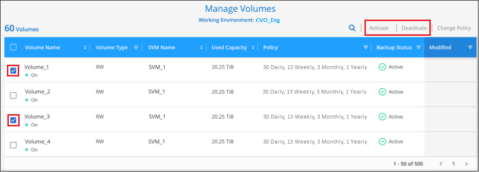The Manage Volumes page where you can select or deselect volumes.