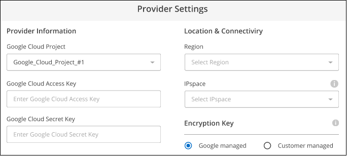 A screenshot that shows the cloud provider details when backing up volumes from an on-prem ONTAP system to a Google Cloud Storage bucket.