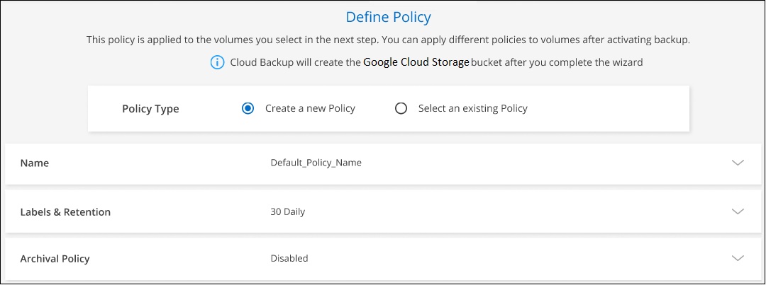 A screenshot that shows the BlueXP backup and recovery settings where you can choose the backup schedule and retention period.