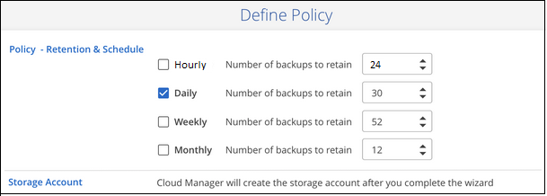 A screenshot that shows the BlueXP backup and recovery settings where you can choose your backup schedule and retention period.