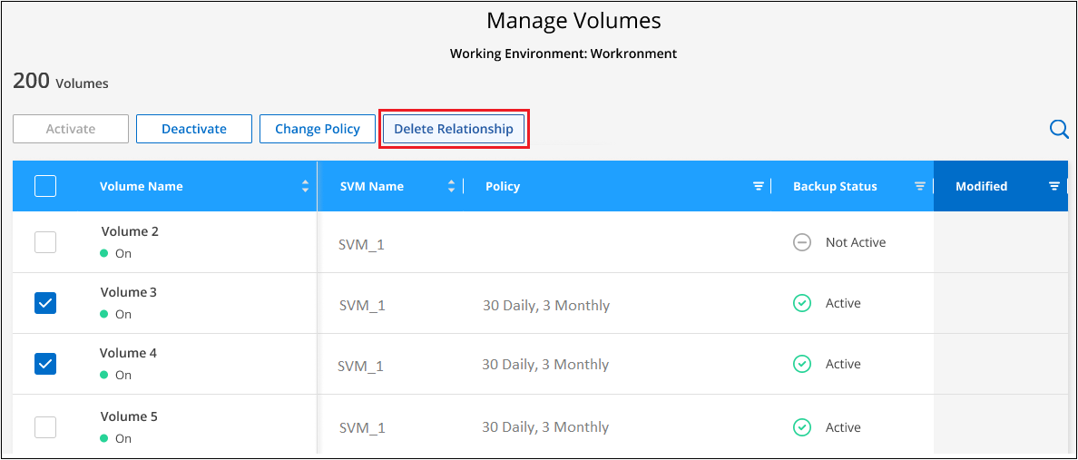 A screenshot showing how to delete the backup relationship for multiple volumes.