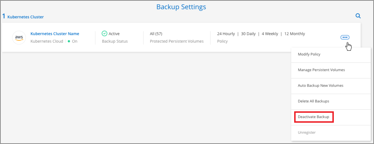 A screenshot of the Deactivate Backup button for a working environment.