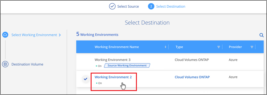 A screenshot of selecting the destination working environment for the volume you want to restore.