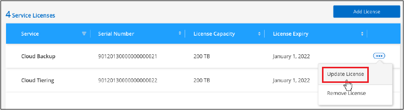 Schermata che mostra la selezione del pulsante Update License (Aggiorna licenza) per un determinato servizio.