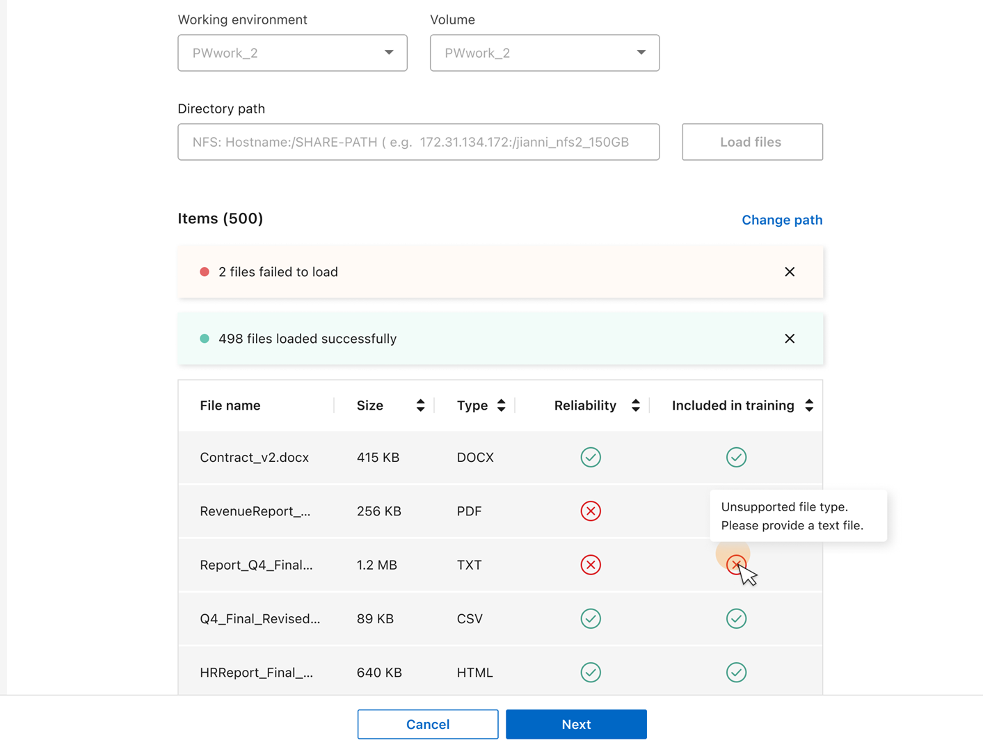 Screenshot showing the summary of files uploaded for training.