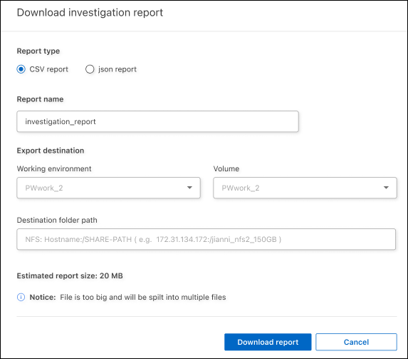 A screenshot of the Download Investigation Report page with multiple options.