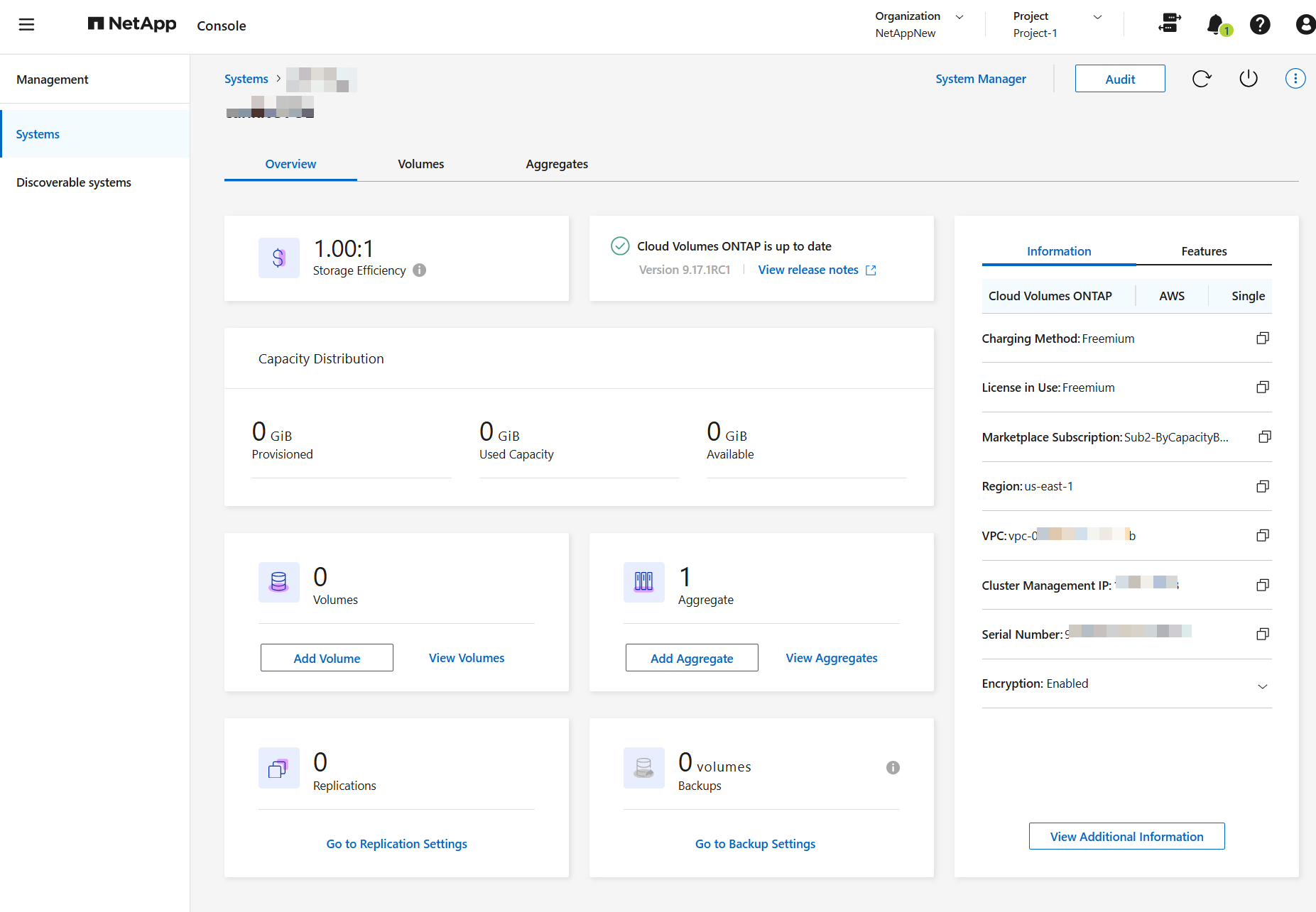 This screenshot shows the redesigned BlueXP user interface on the Cloud Volumes ONTAP overview page. Various tiles show storage efficiency