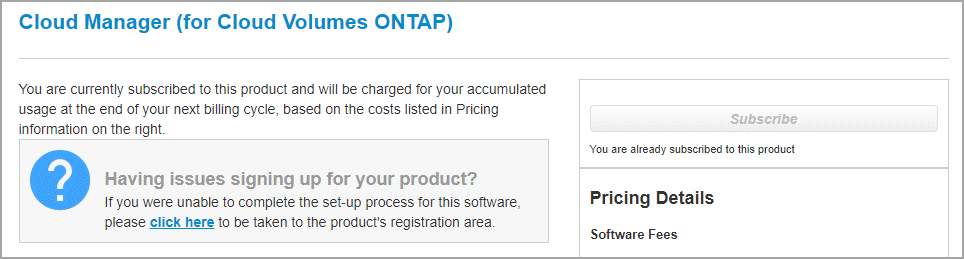 A screenshot that shows the subscription page for BlueXP for Cloud Volumes ONTAP when the AWS account already has a subscription, but a particular IAM user might not.