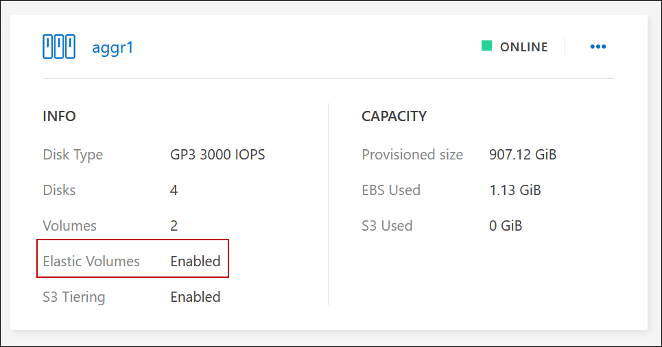 Screenshot that shows two aggregates where one has a field with the text Elastic Volumes Enabled.