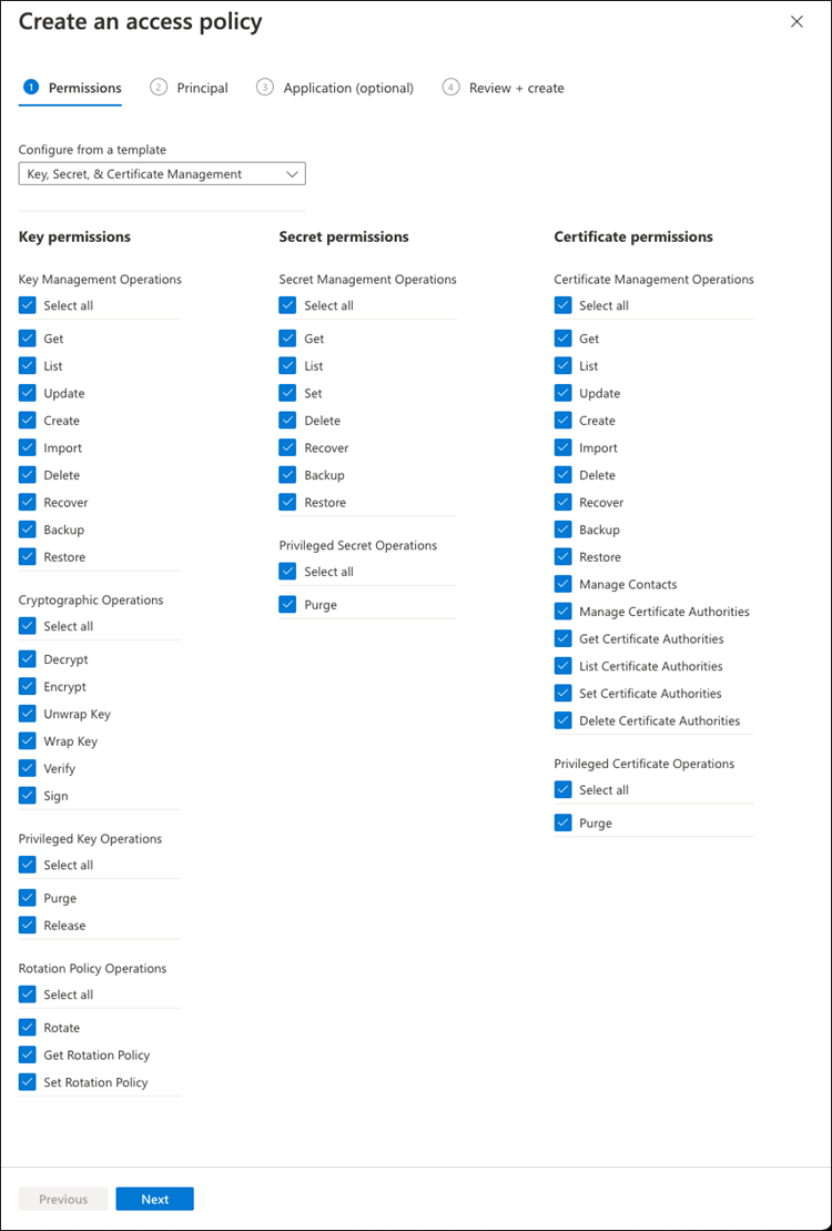 screenshot of Create an access policy showing all permissions selections needed to create an access policy