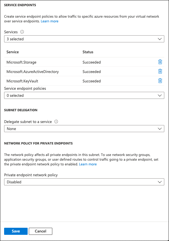 Screenshot of Service Endpoints showing three selected services