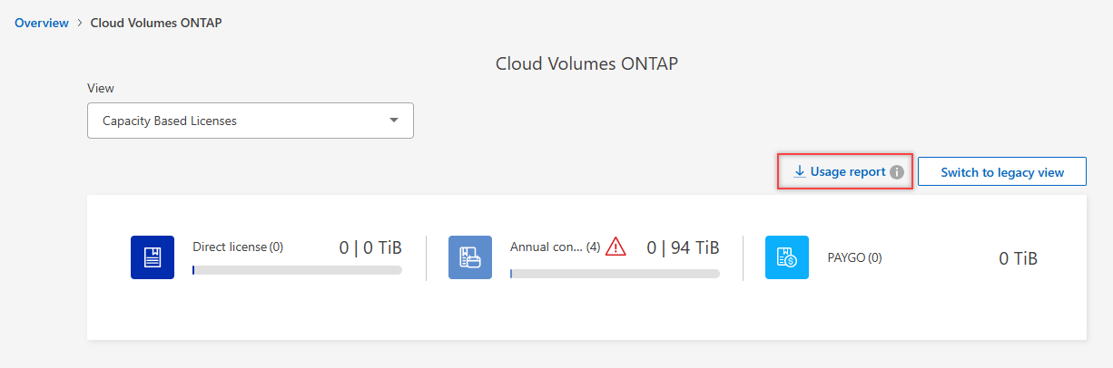 Screenshot shows the digital wallet Cloud Volumes ONTAP capacity based licenses page and highlights the usage report button.