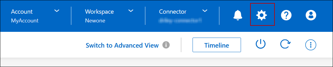 A screenshot that shows the Settings icon in the upper right of the BlueXP console.