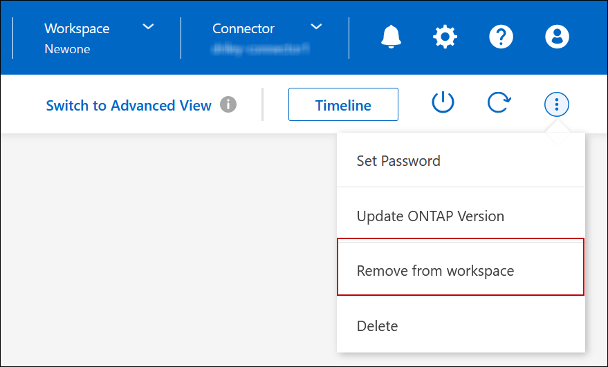 A screenshot that shows the "Remove from workspace" option in the upper right of the BlueXP console.