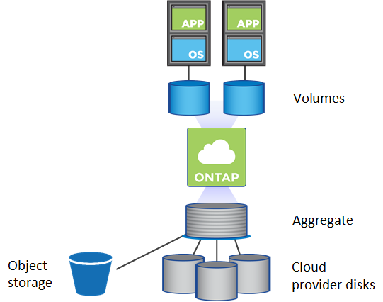 This illustration shows an aggregate that is comprised of disks, and the data volumes that Cloud Volumes ONTAP makes available to hosts.