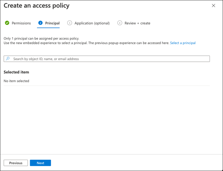 screenshot of Create an access policy principal tab