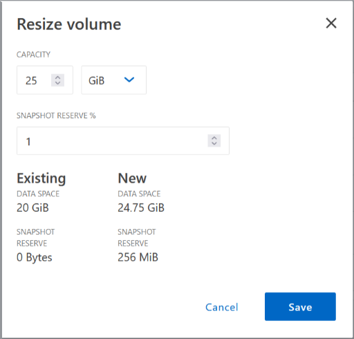Screen displays the modified capacity after volume resize
