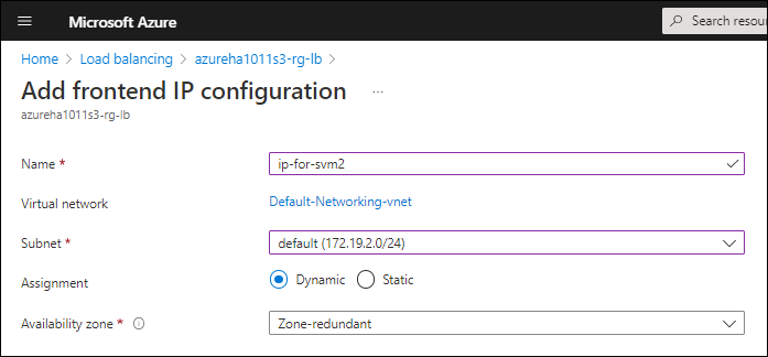 A screenshot of adding a frontend IP address in the Azure portal where a name and subnet are selected.