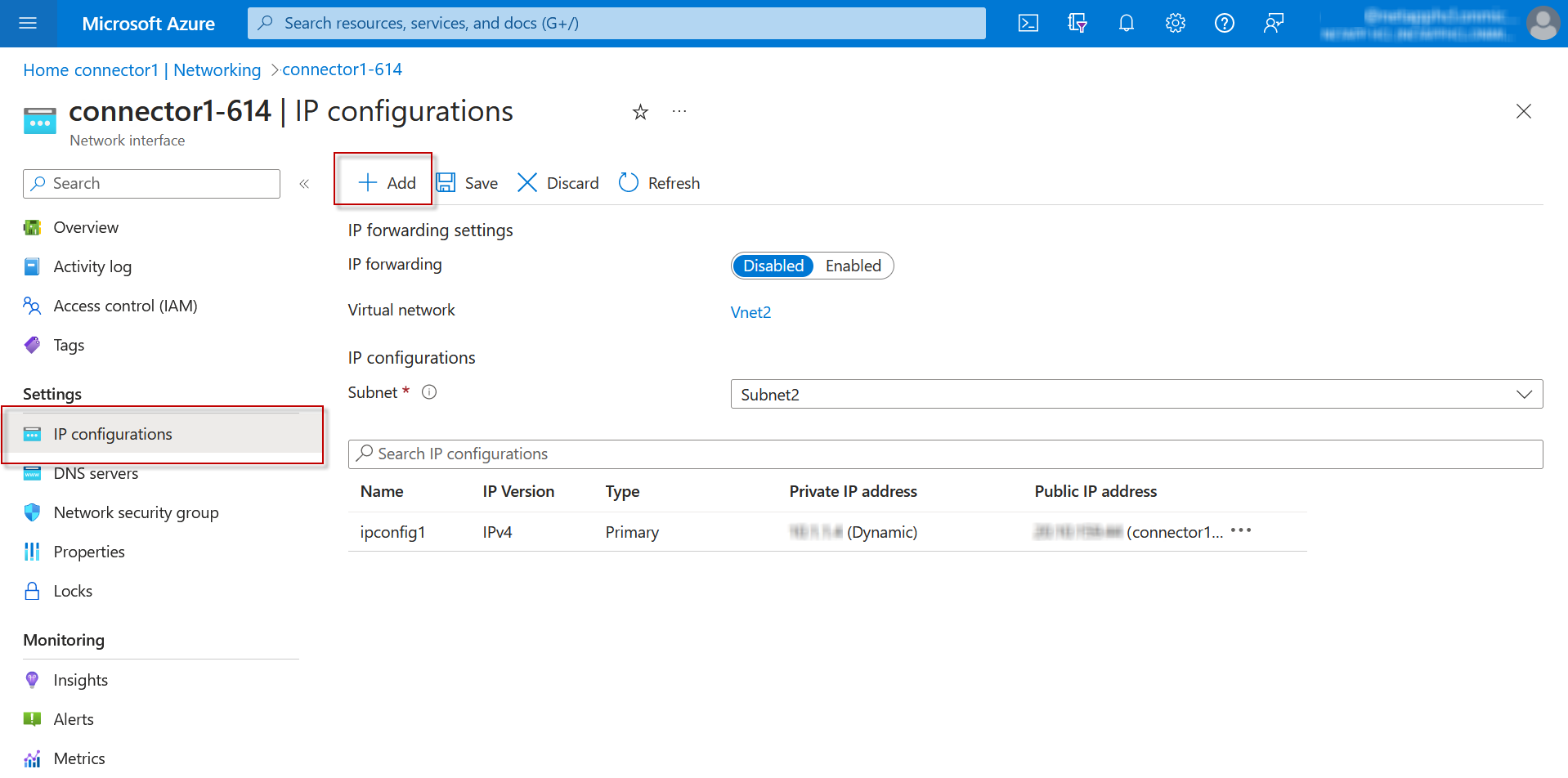 A screenshot of the IP configurations page in the Azure portal
