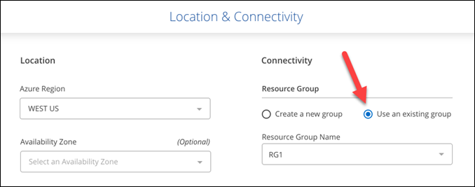 A screenshot of the Create Working Environment wizard where you can select an existing resource group.