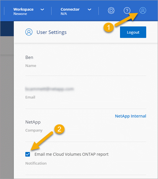 A screenshot of the user profile panel that shows the check box for enabling the Cloud Volumes ONTAP report via email.