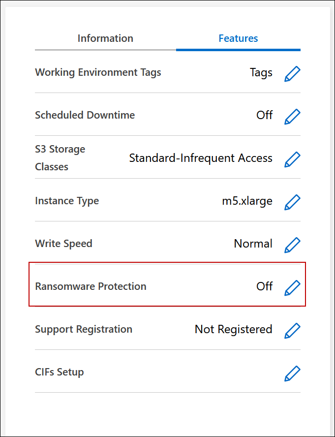 A screenshot that shows the Ransomware Protection setting under the Features panel available in the top right of the Overview page when viewing a working environment.