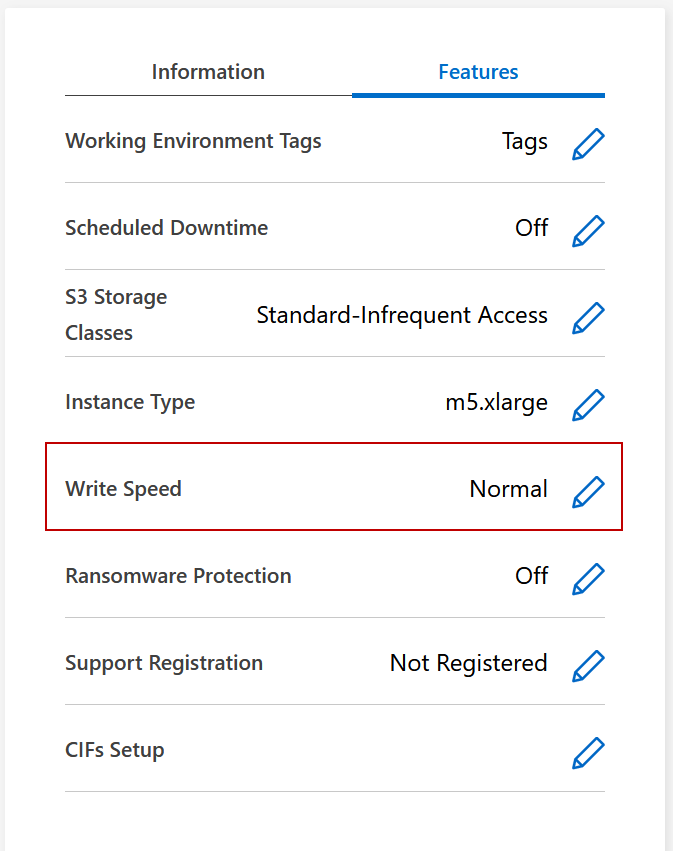 A screenshot that shows the Write Speed setting under the Features panel available in the top right of the Overview page when viewing a working environment.