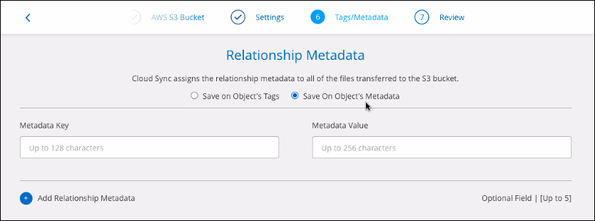 A screenshot of the sixth step in the sync relationship wizard when copying to object storage. You can choose to save the ACLs to the object's tags or metadata.