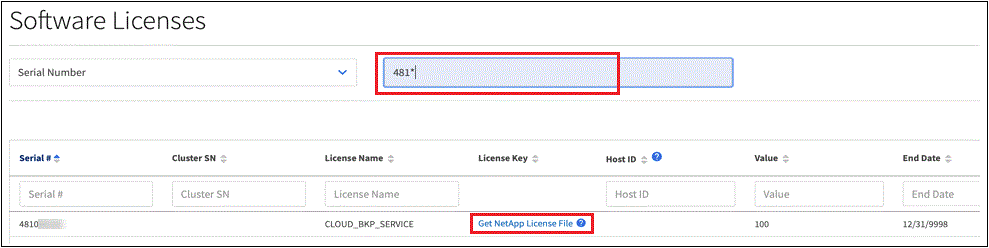 A screenshot that shows a table of licenses after searching by serial number.