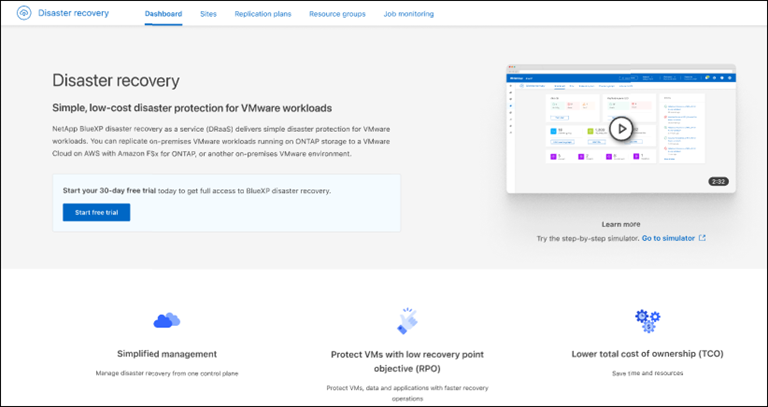 Landing page screenshot for BlueXP disaster recovery