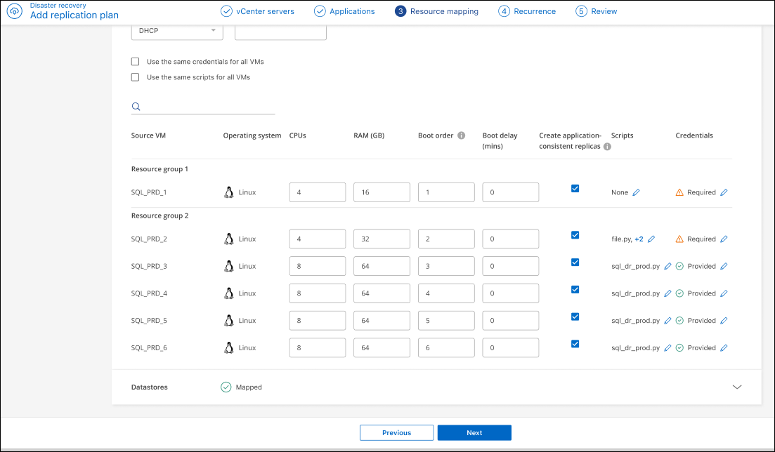 Screenshot showing Add replication plan > Resource mapping > virtual machines