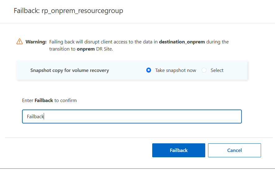 Screenshot of the failback dialog