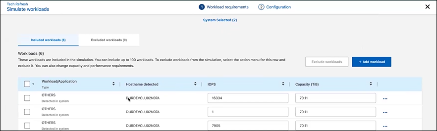 Simulate workloads page showing the requirements options