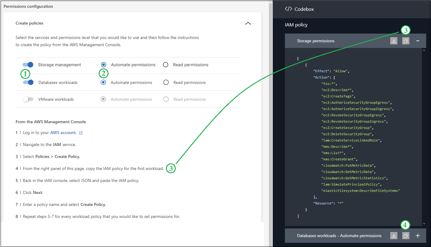 A screenshot showing which types of workload capabilities will be manageable as part of the policies in these credentials.