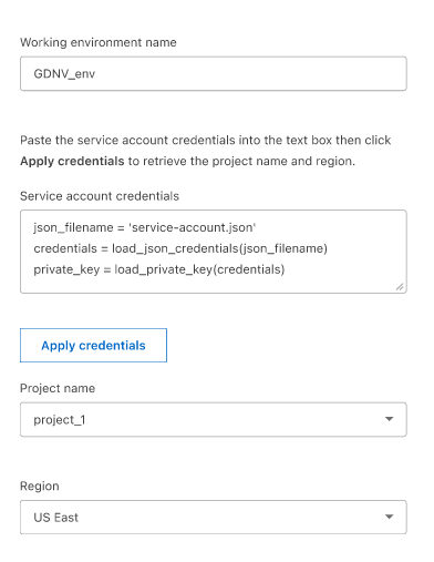 A screenshot of adding credentials for a Google Cloud NetApp Volumes subscription.
