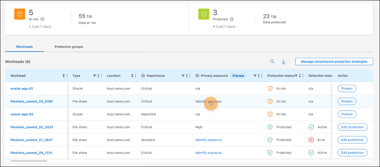 Protection page showing Privacy exposure column