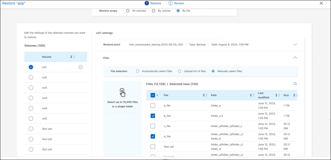 Select files manually to restore