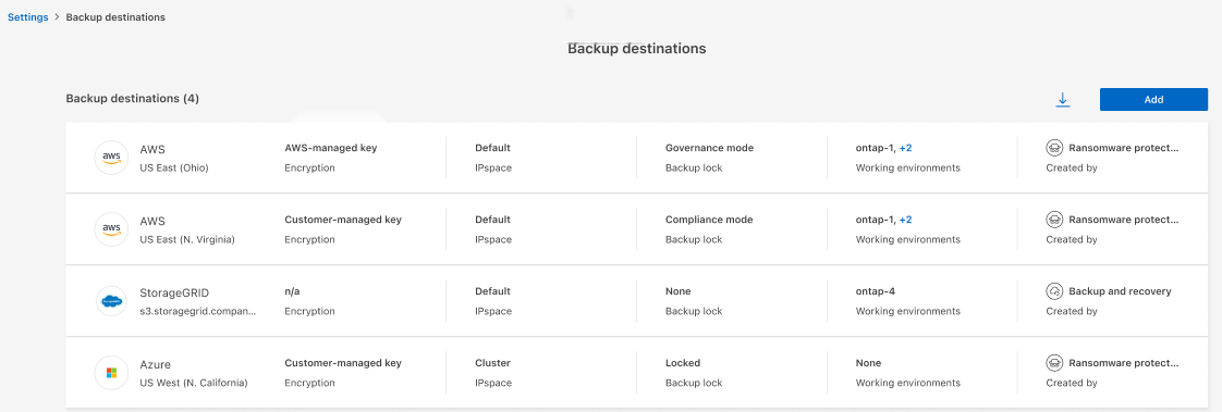 Backup destinations page the Settings option