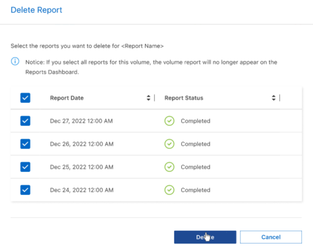 This image shows the Delete page that enables you to delete multiple reports